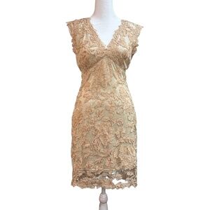 Tadashi Shoji Womens 2 Dress Floral Champagne Lace‎ Sleeveless VNeck Cocktail